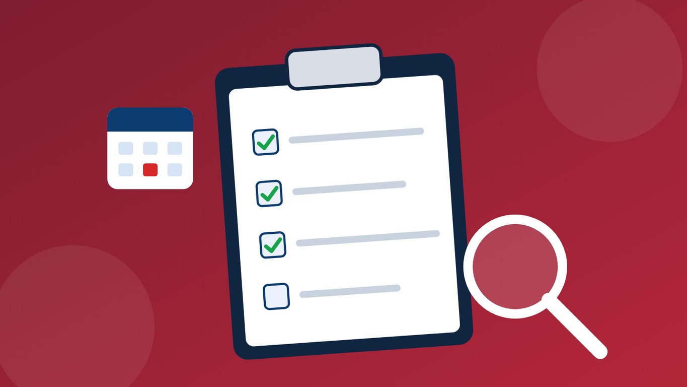 Illustration of a checklist clipboard, a calendar and a magnifying glass