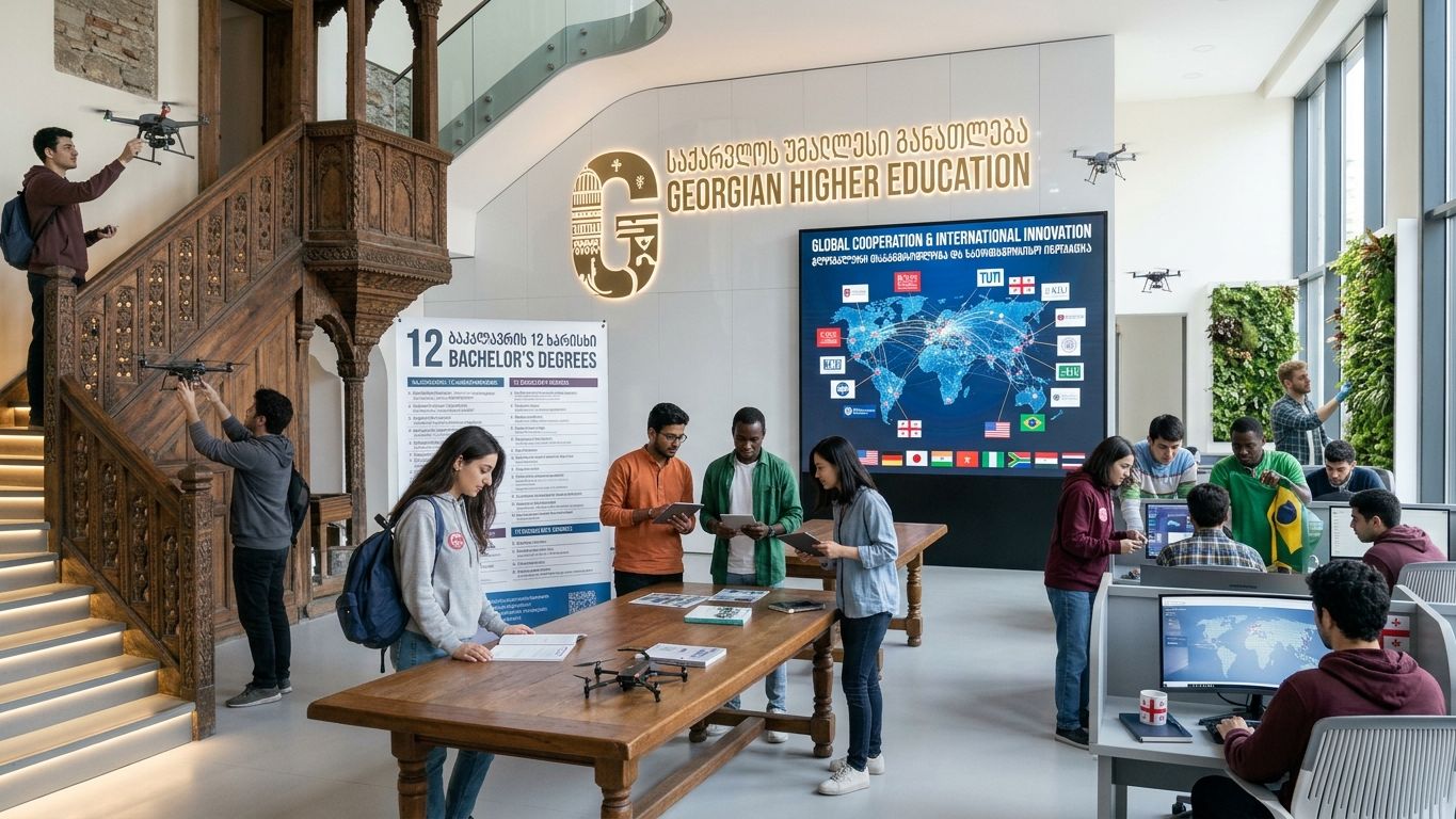 International undergraduate students working together in a university hall in Georgia