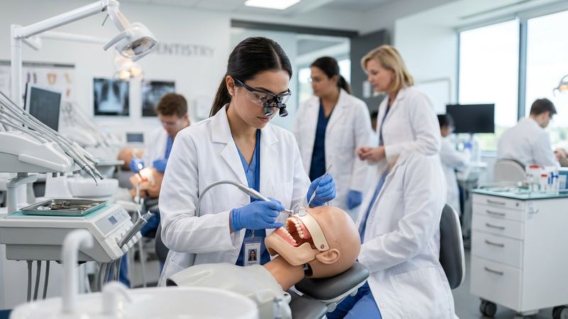 Dental student practising on a training mannequin in a university dentistry lab