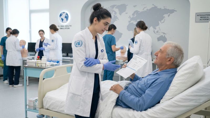 Nursing student talking with an elderly patient in a clinical simulation room