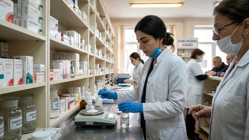 Pharmacy student in a white coat weighing a powder at a pharmacy counter